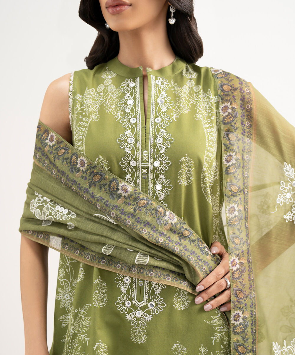 Women's Unstitched Lawn Embroidered Green 3 Piece Suit