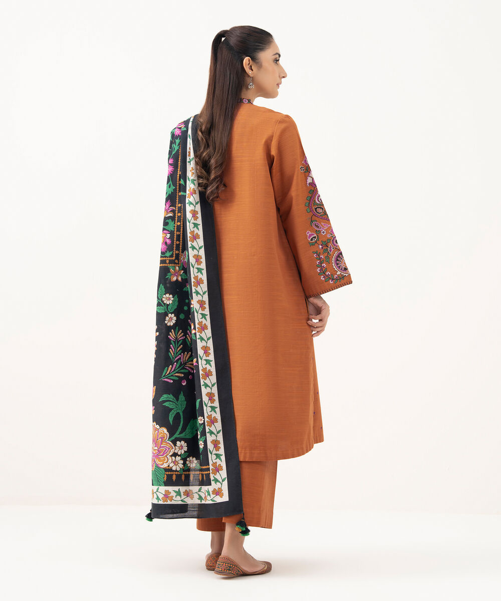 Women's Unstitched Khaddar Embroidered Orange 3 Piece Suit