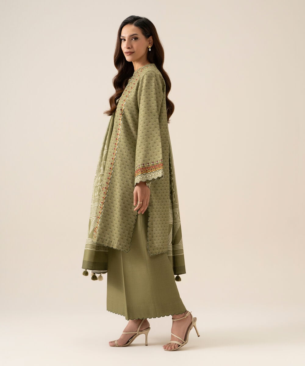Women's Unstitched Light Khaddar Embroidered Green 3 Piece Suit