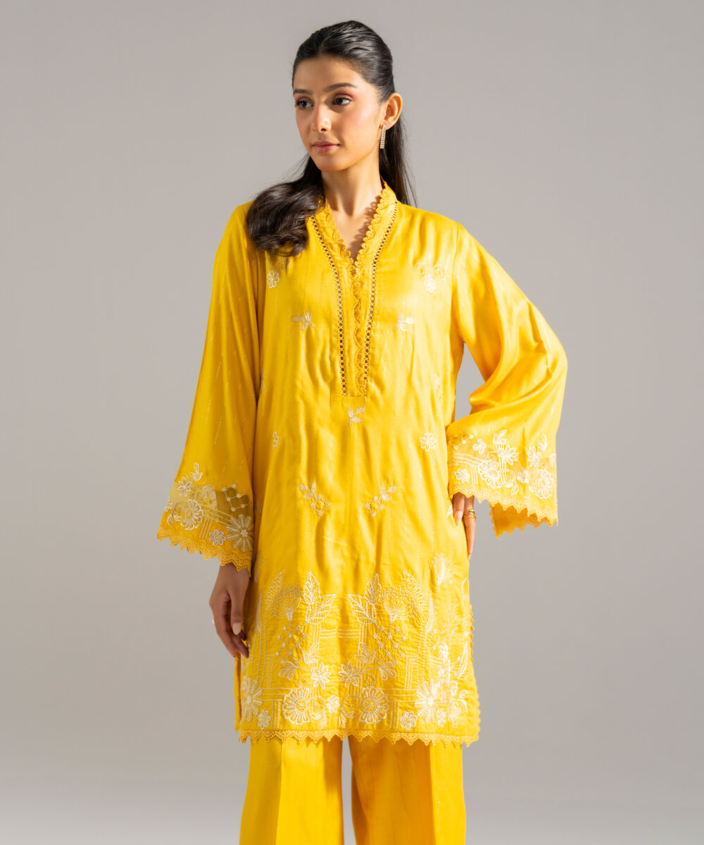 Women's RTW Dobby Crepe Lurix Solid Embroidered Yellow Straight Shirt