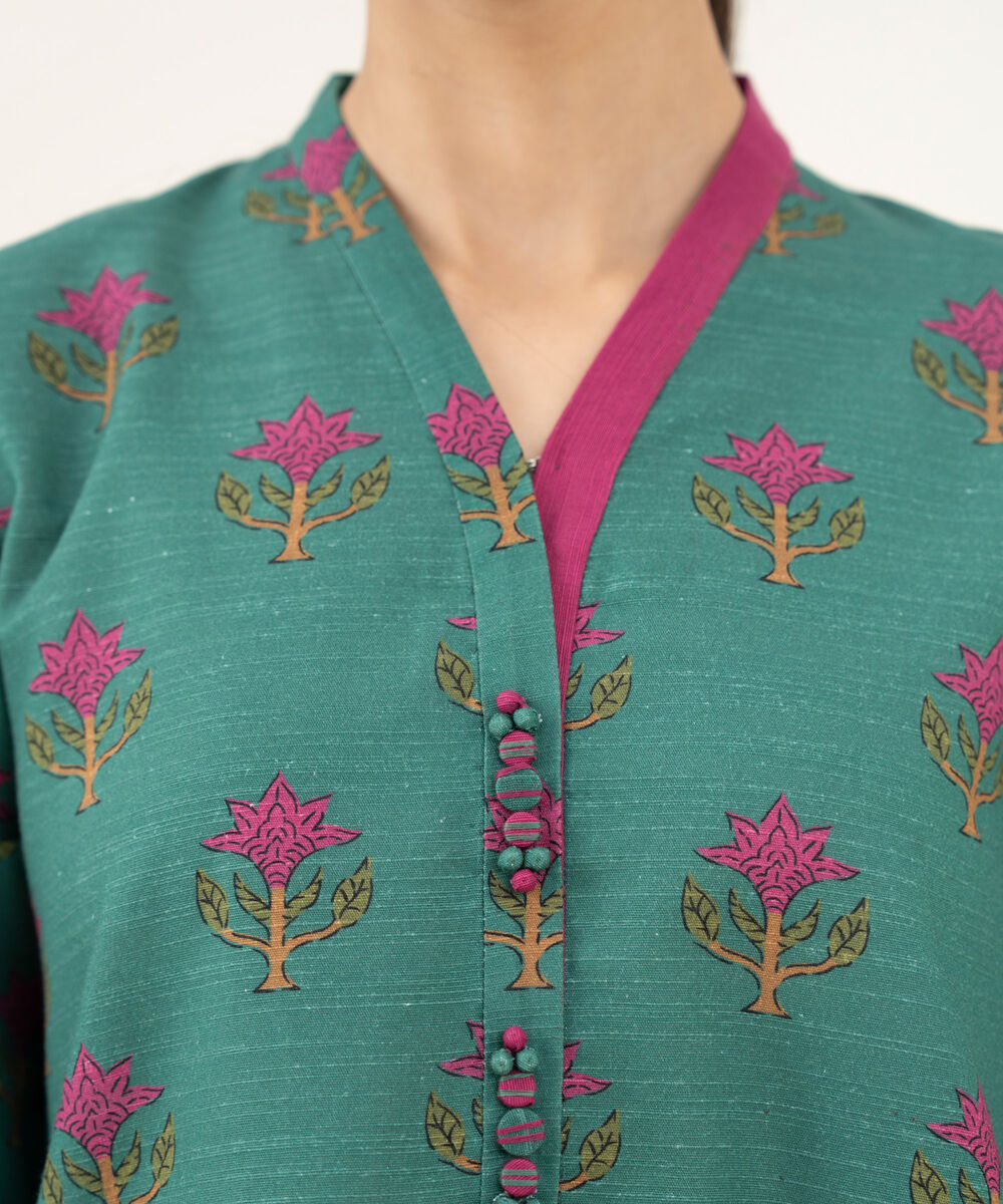 Women's Unstitched Printed Khaddar Teal Green 3 Piece Suit