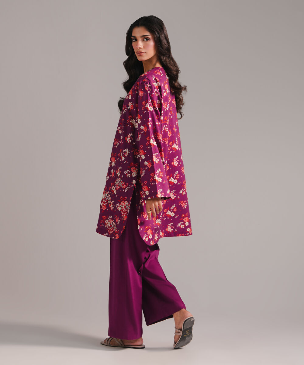Women's RTW Cotton Viscose Printed Purple Straight Shirt