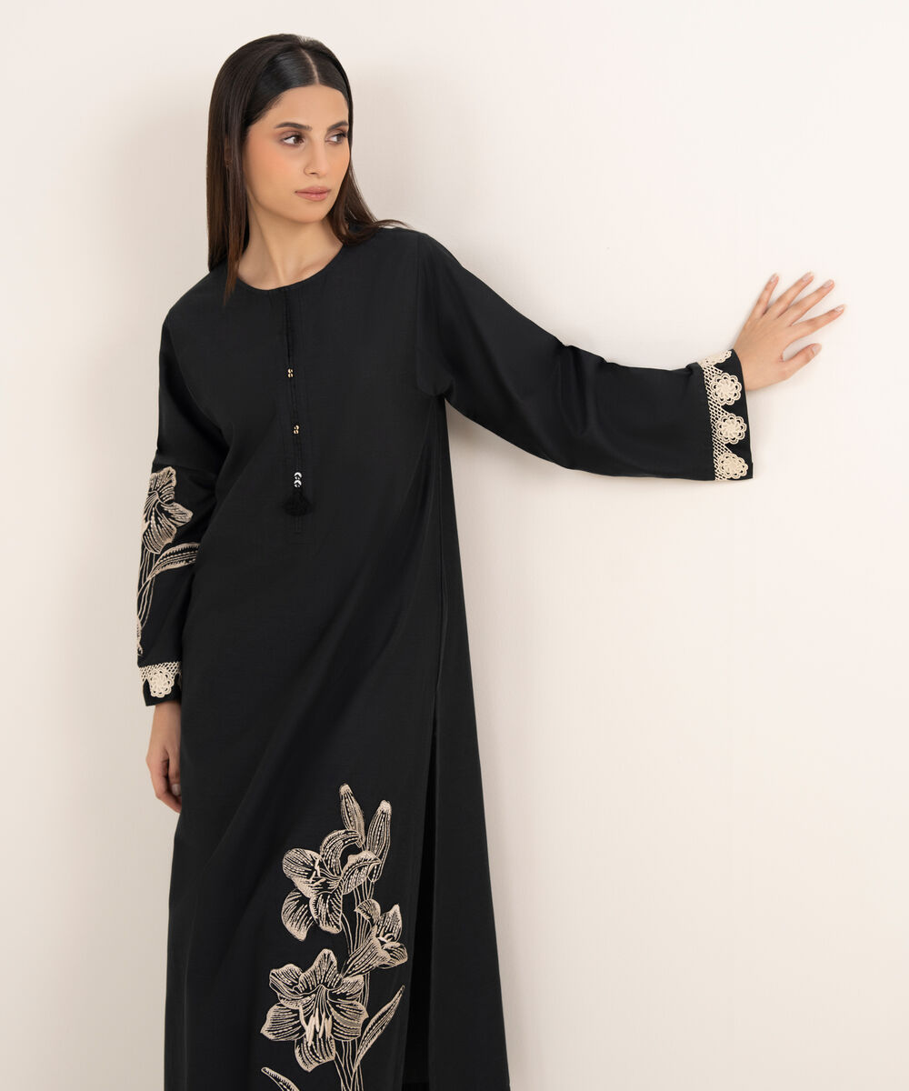 Women's RTW Lawn Viscose Black Embroidered A-Line Shirt