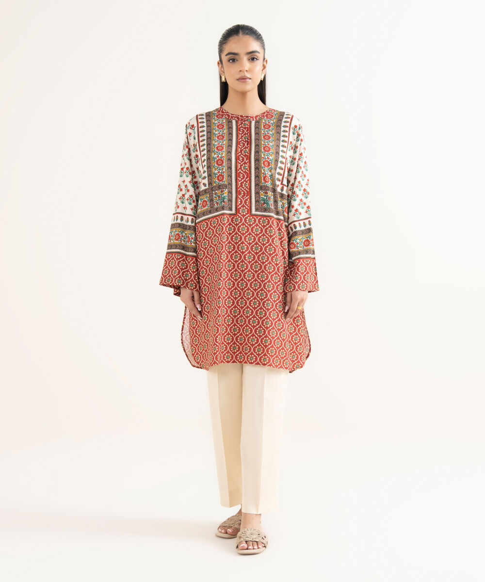 Women's RTW Textured Viscose Printed Boxy Red Shirt