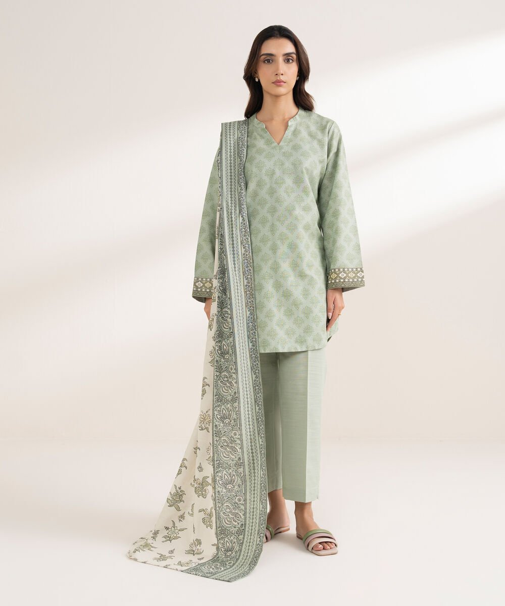 Women's RTW Khaddar Printed Green 3 Piece Suit