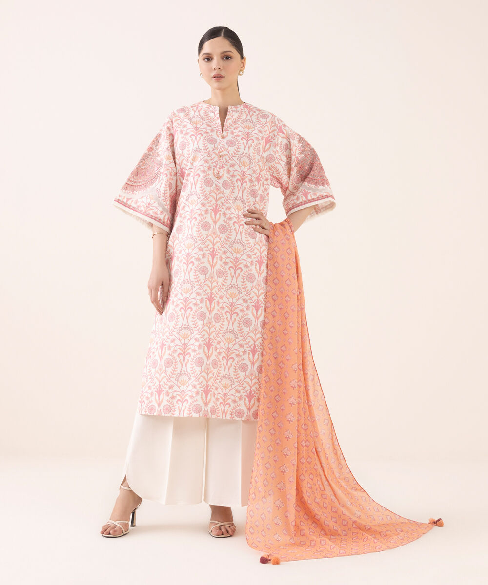 Women's Unstitched Cotton Embroidered Multi Three Piece Suit