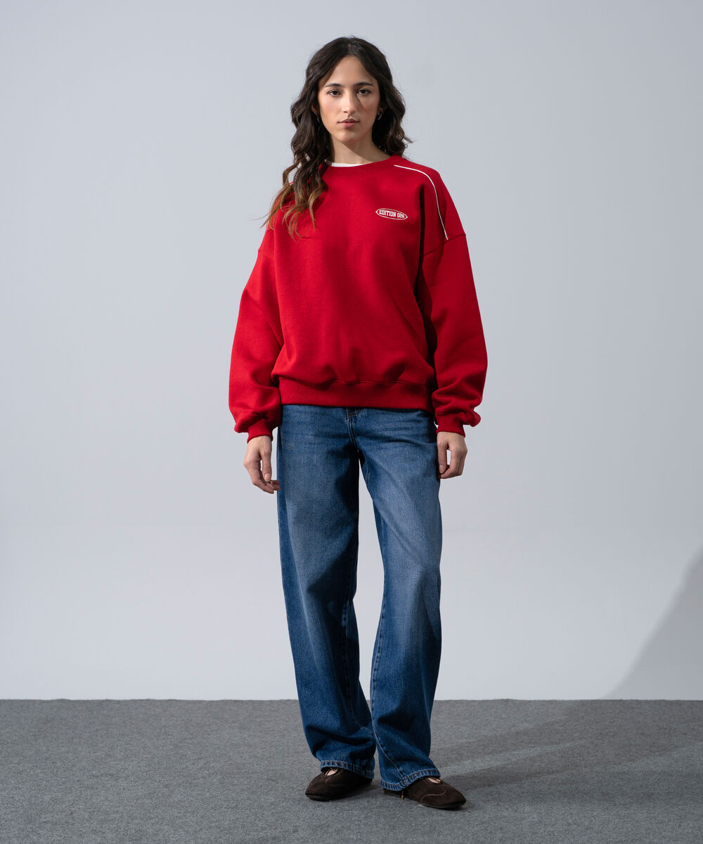 Women's Western Wear Red Oversized Fleeceback Graphic Sweatshirt