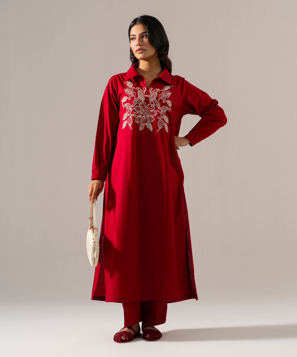 Women's RTW Cross Hatch Solid Embroidered Red Straight Shirt