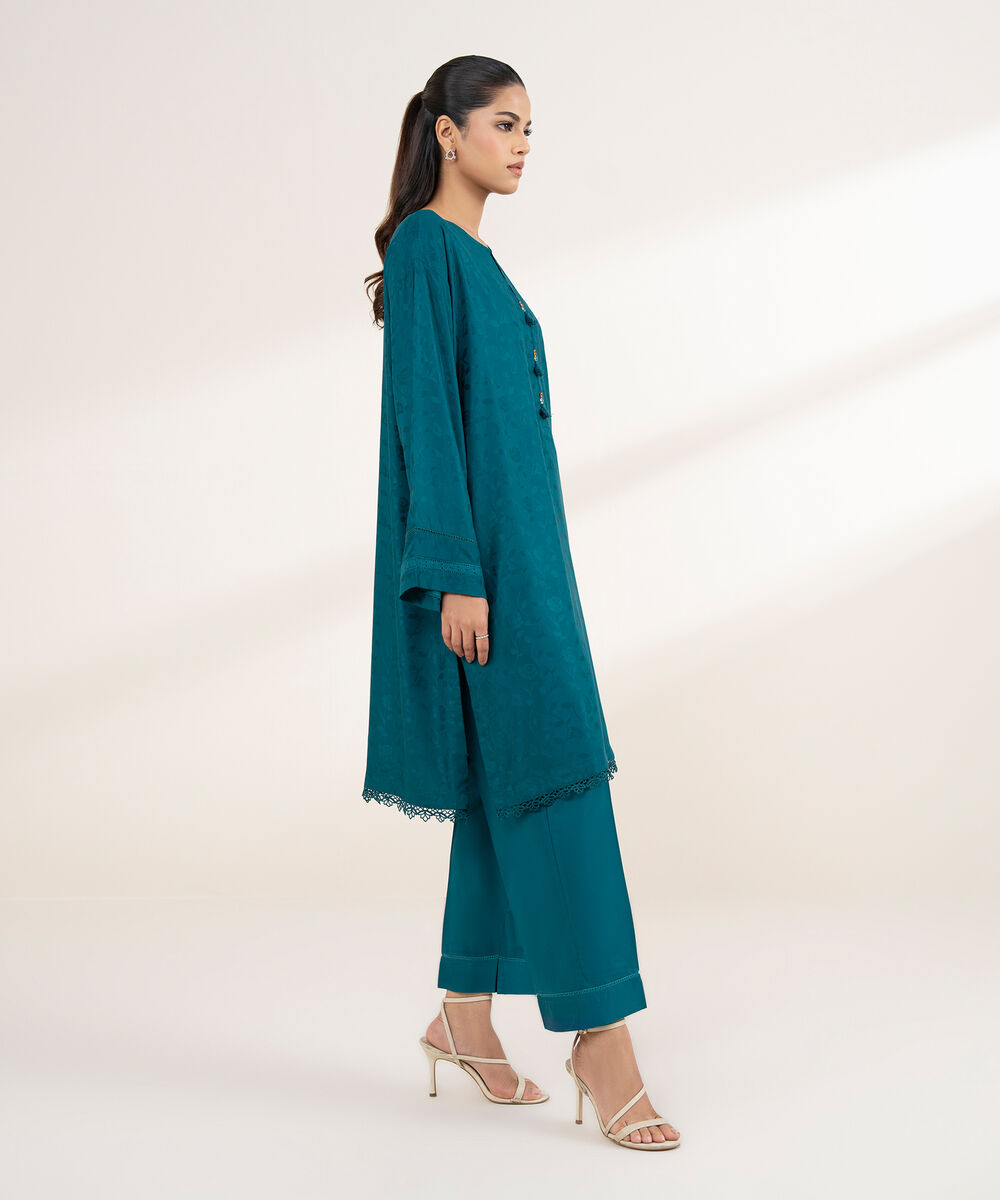 Women's RTW Arabic Self Jacquard Blue Solid Boxy Shirt