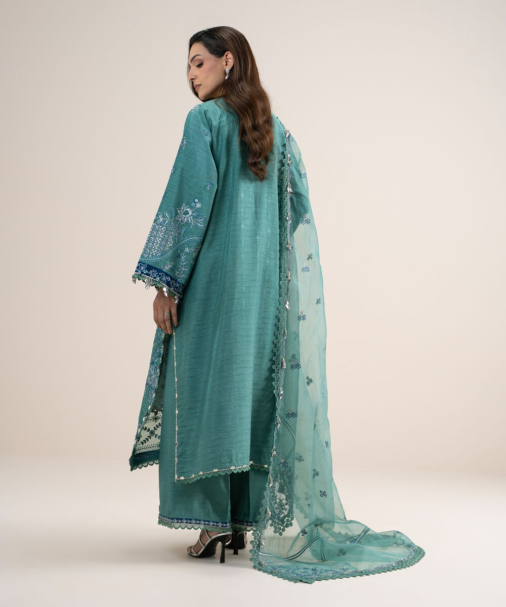 Women's Unstitched Embroidered Viscose Raw Silk Aqua 3 Piece Suit