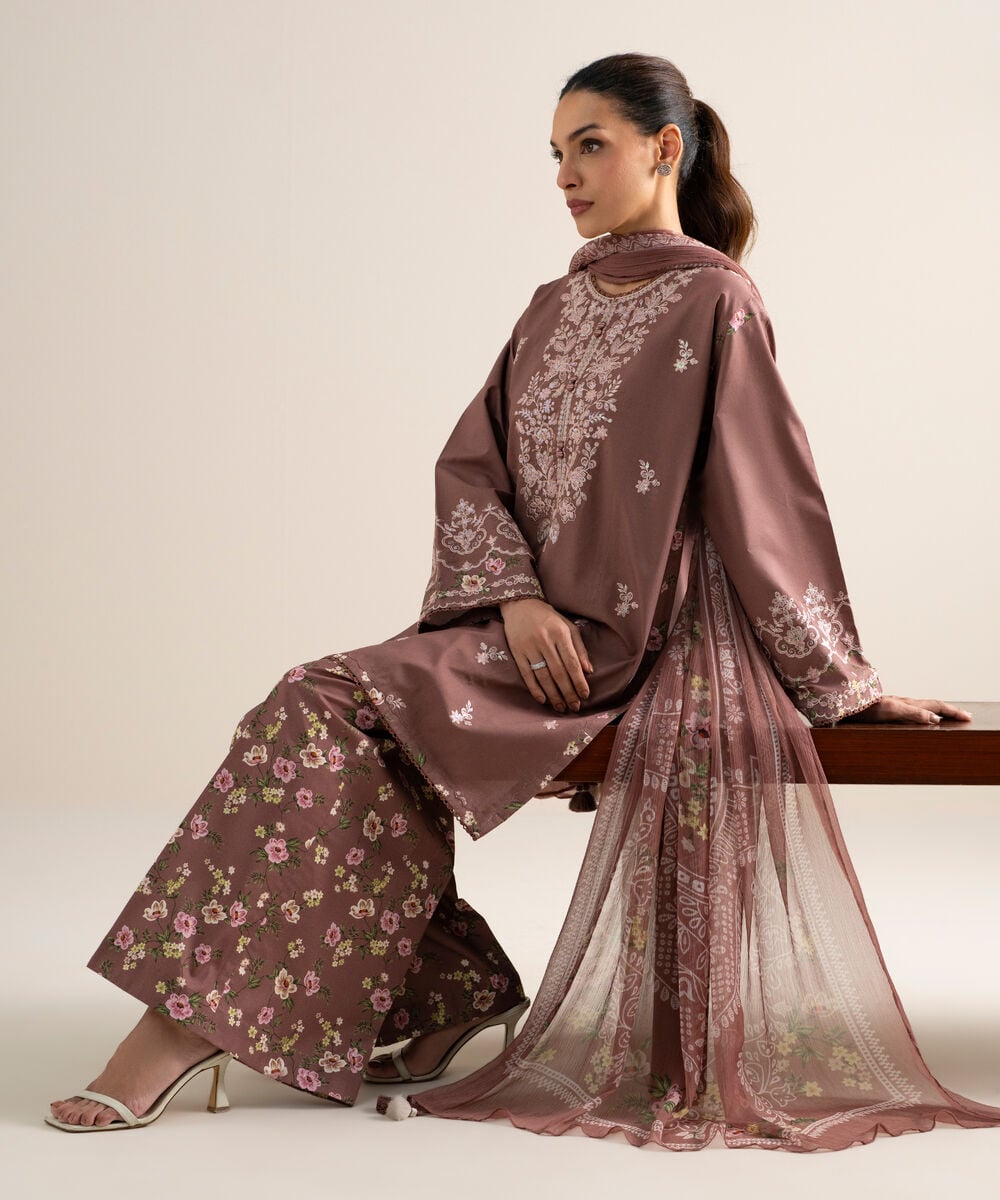 Women's Unstitched Slub Lawn Embroidered Brown 3 Piece Suit