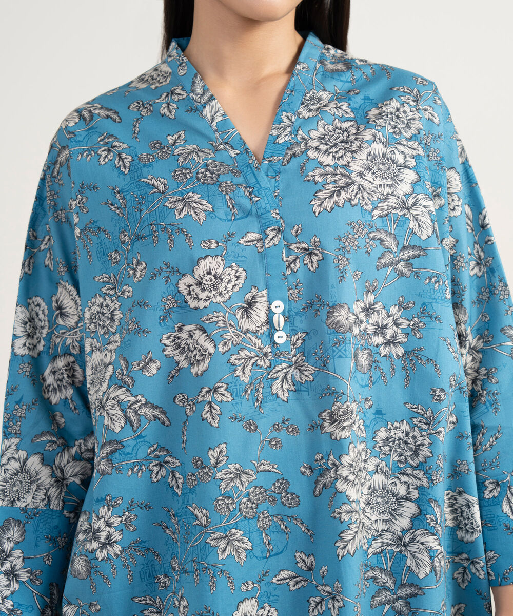 Women's RTW Cambric Printed Blue Drop Shoulder Shirt