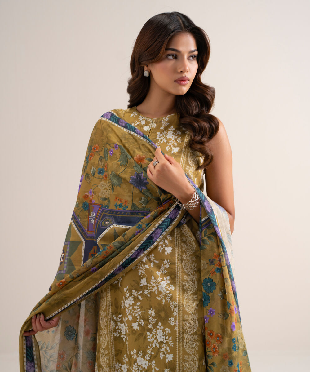 Women's Unstitched Printed Lawn Mustard 3 Piece Suit