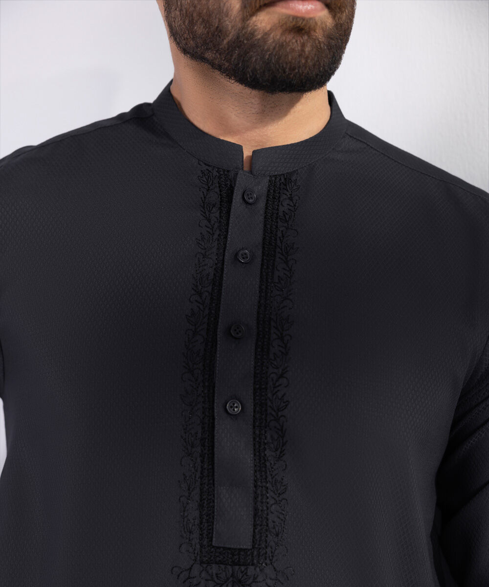 Men's Blended Stitched Embroidered Grey Kurta