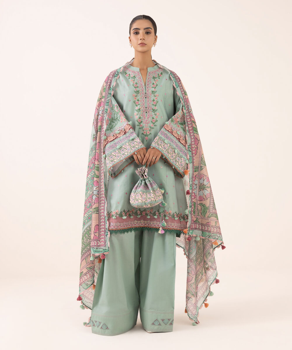 Women's Unstitched Fine Cotton Satin Embroidered Blue 3 Piece Suit