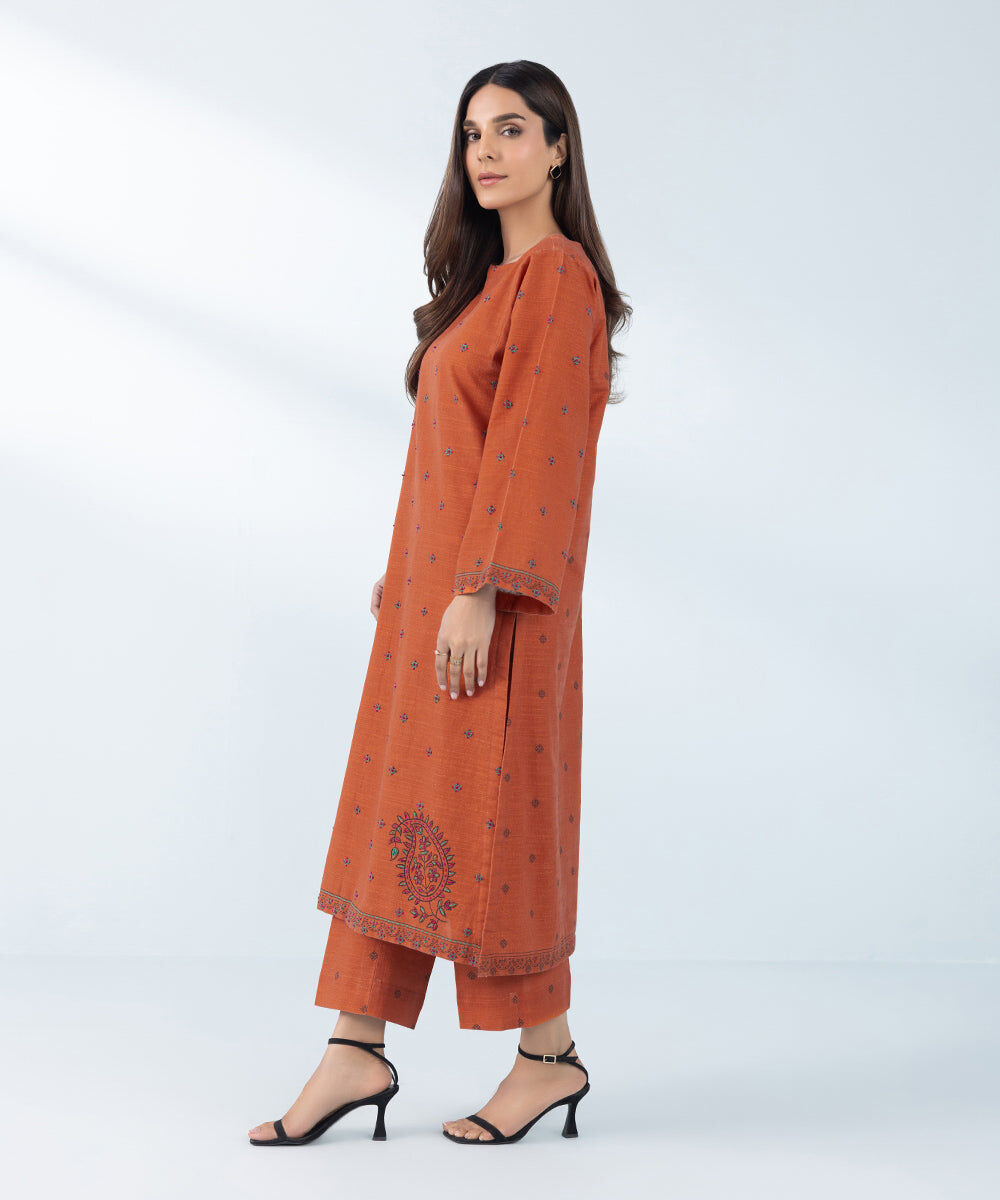 Women's Orange 2 Piece Embroidered Khaddar Suit