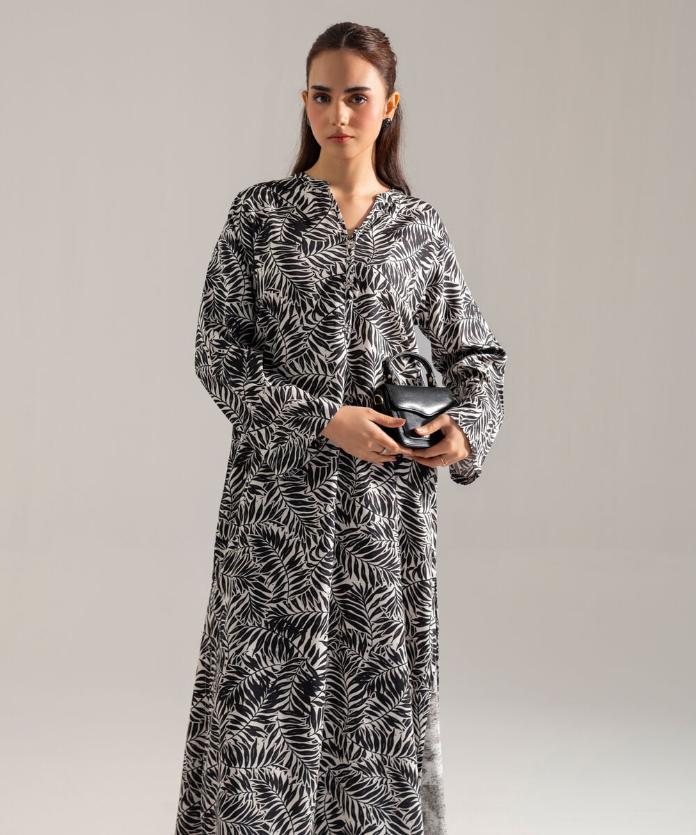 Women's RTW Printed Black Viscose Linen 2 Piece Suit