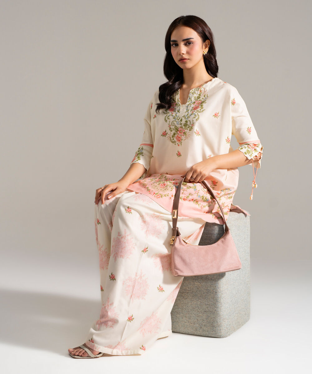 Women's RTW Cotton Viscose Printed Off White 2 Piece Suit