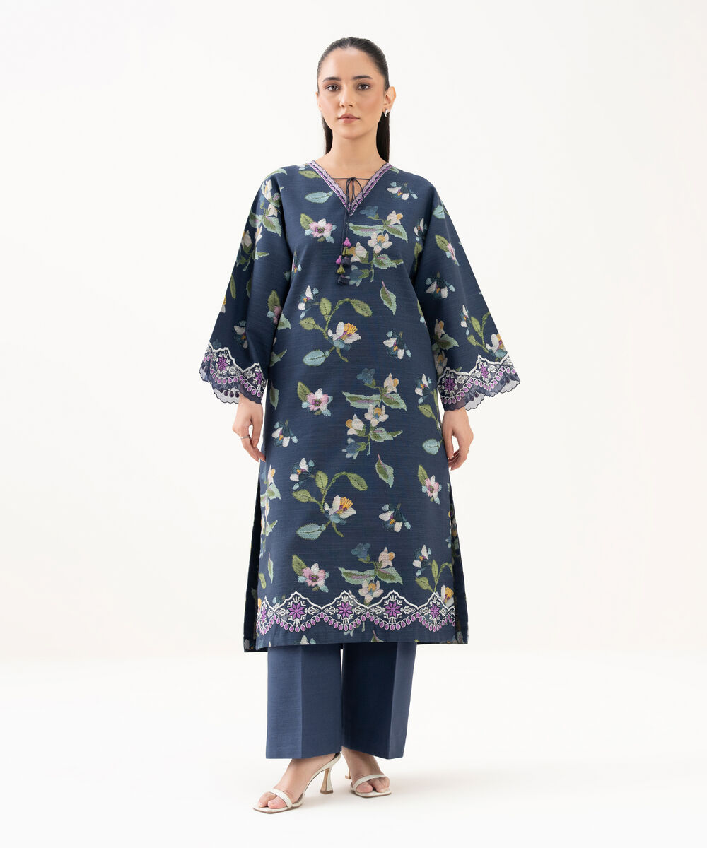 Women's Unstitched Lawn Embroidered Blue 2 Piece Suit