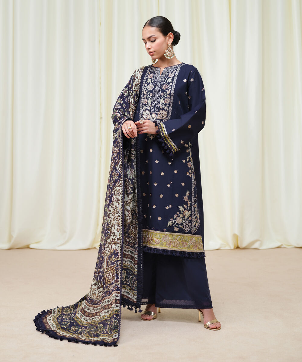 Women's Unstitched Fine Cotton Satin Embroidered Blue 3 Piece Suit