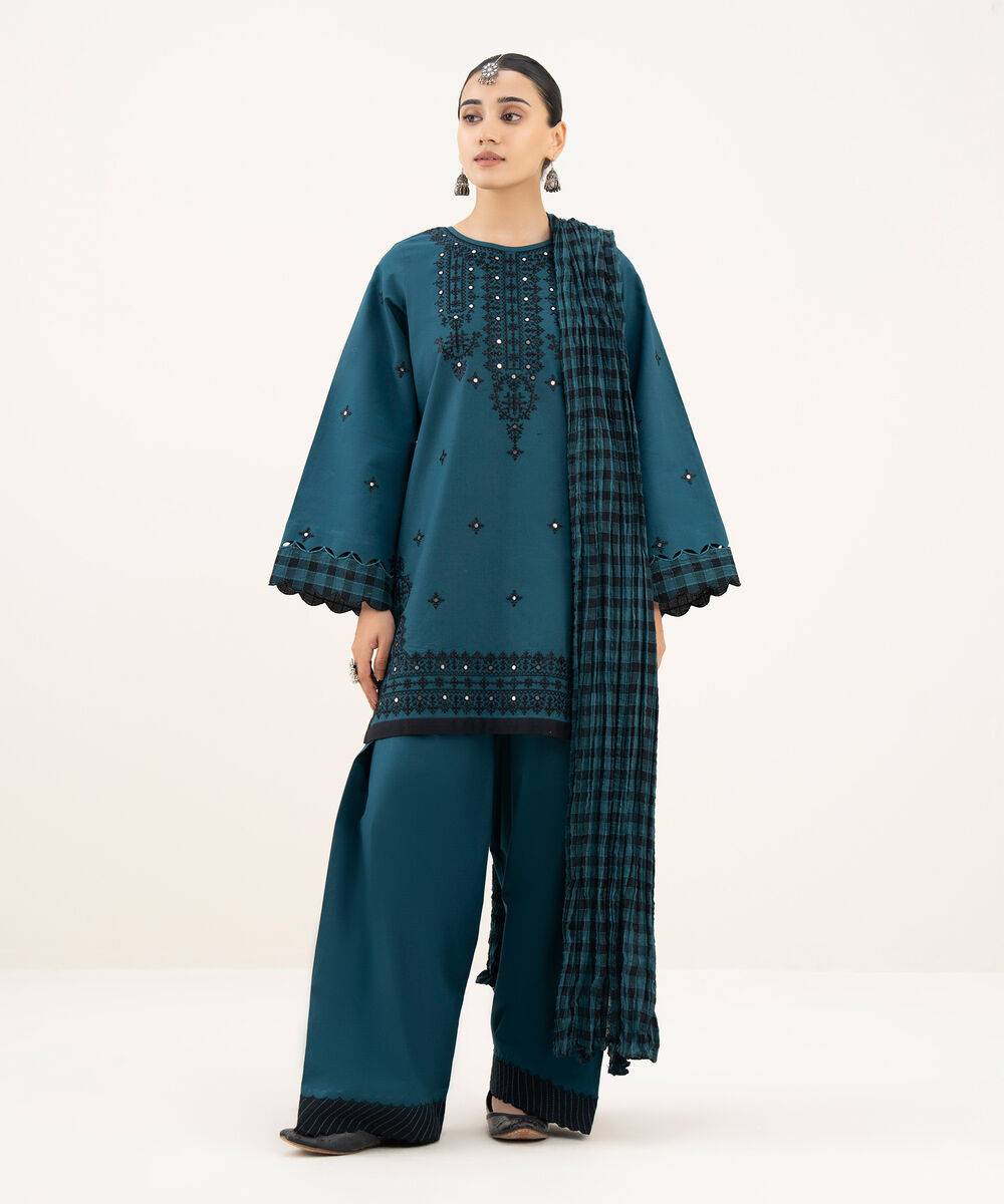 Women's Unstitched Cotton Embroidered Blue 3 Piece Suit