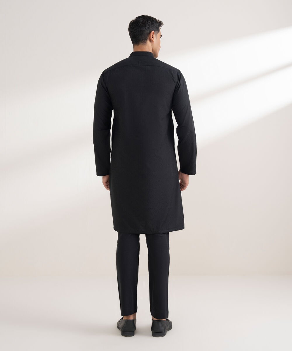 Men's Stitched Jacquard Black Kurta
