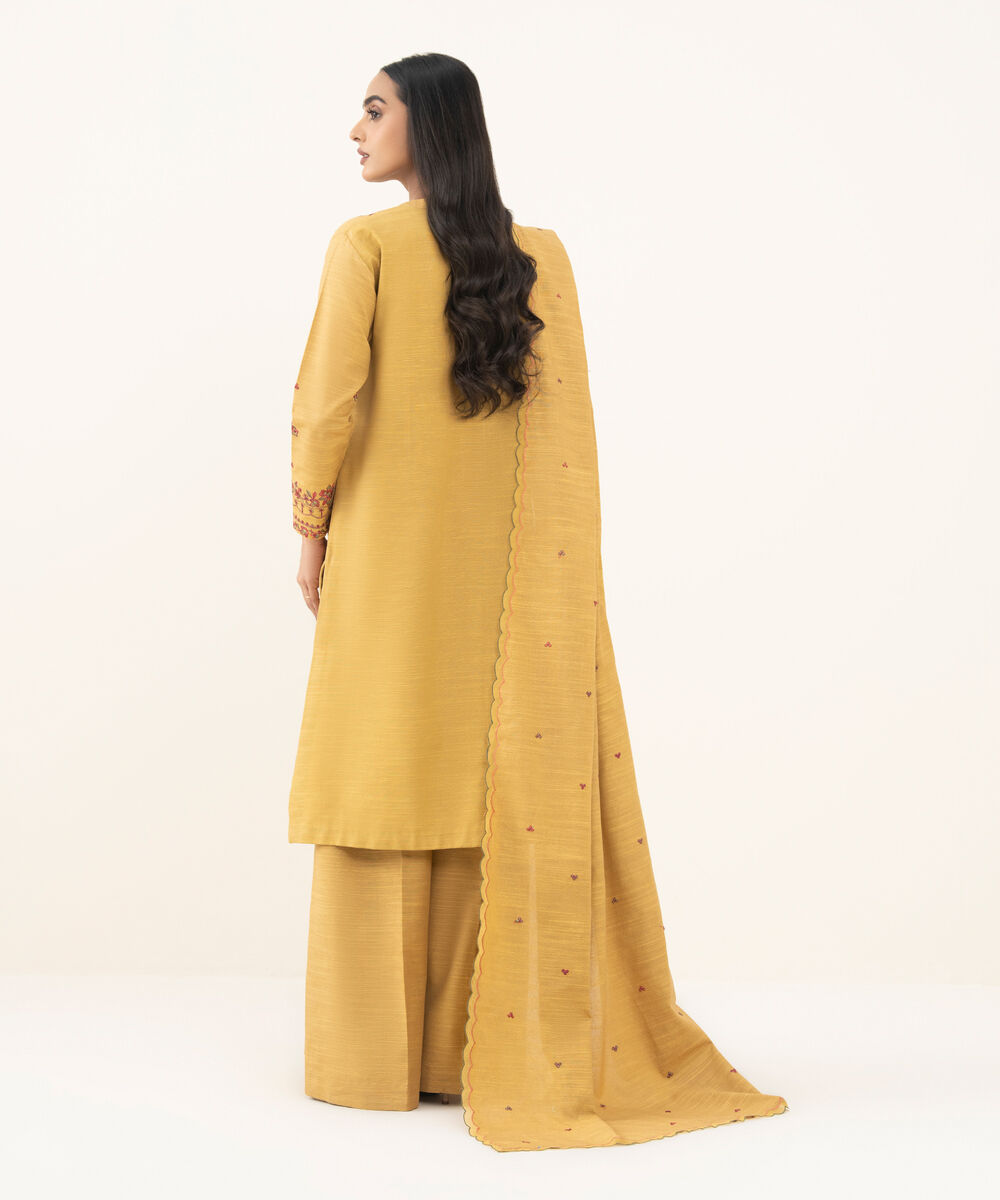 Women's Unstitched Embroidered Khaddar Yellow 3 Piece Suit