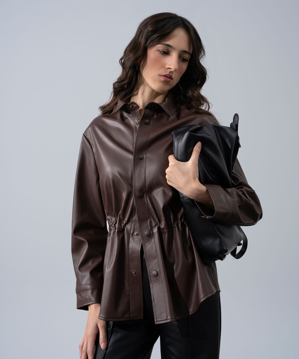 Women's Western Wear Brown Polyester Faux-Leather Drawstring Top