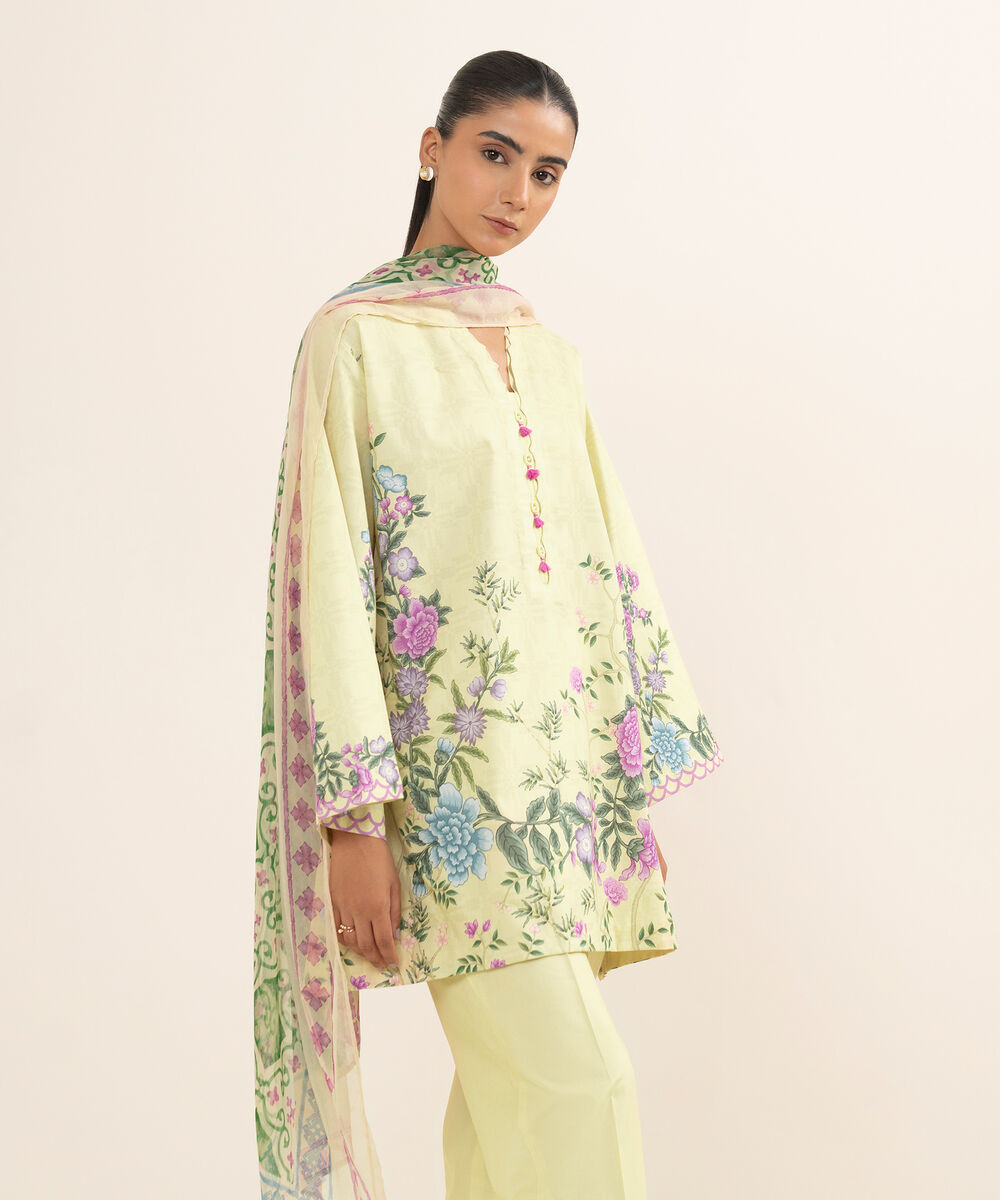 Women's Unstitched Lawn Printed Yellow 3 Piece Suit
