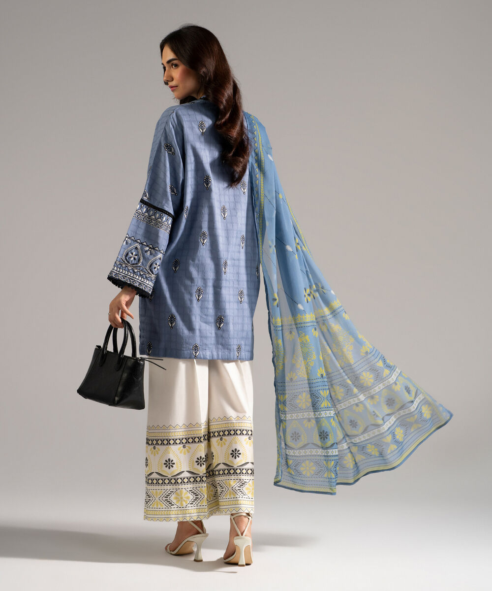 Women's RTW Dobby Embroidered Blue 3 Piece Suit