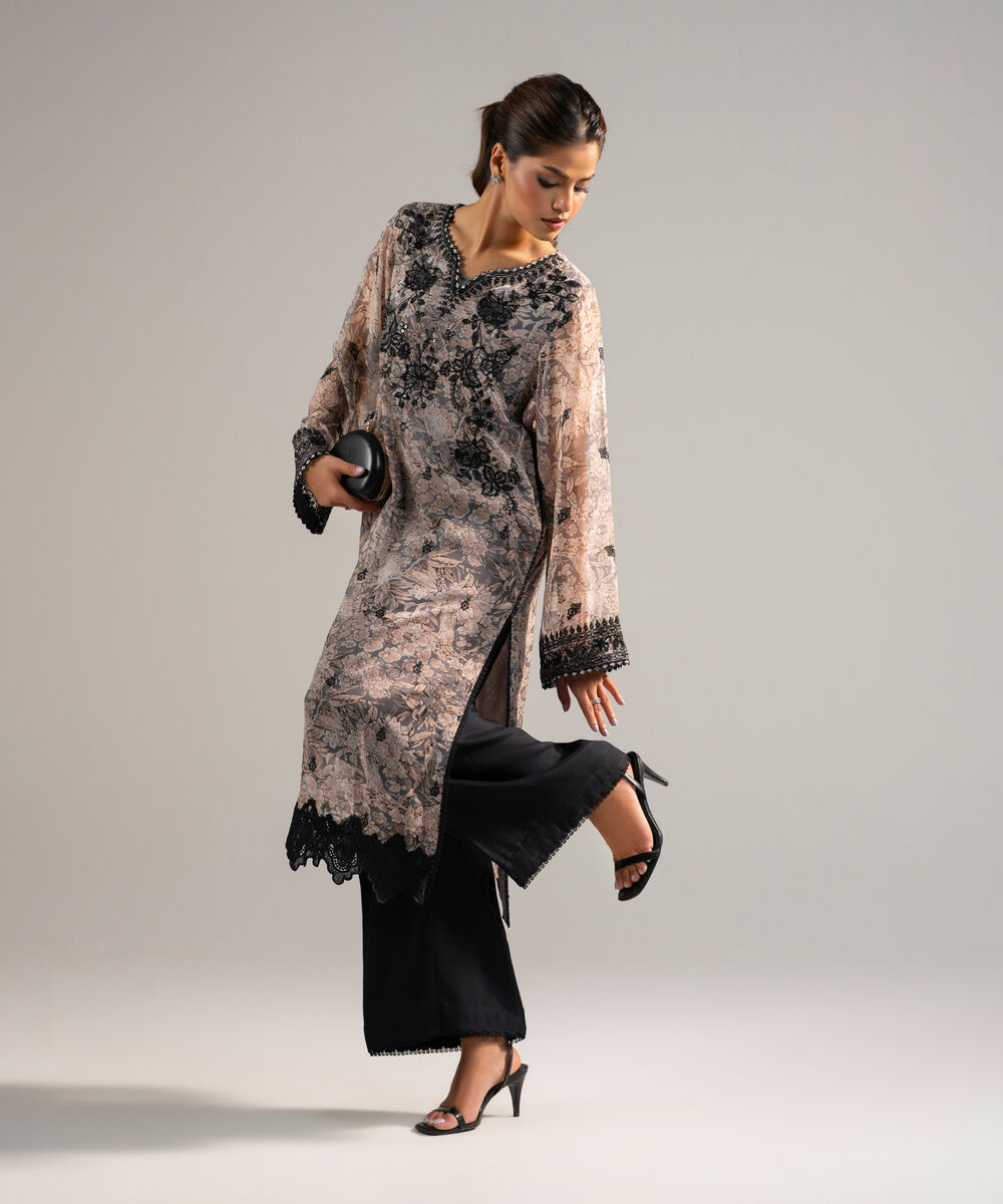 Women's RTW Chiffon Embroidered Grey 2 Piece Suit