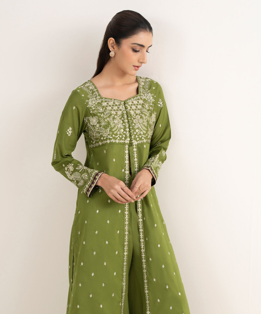 Women's RTW Textured Cotton Embroidered A-Line Green Shirt