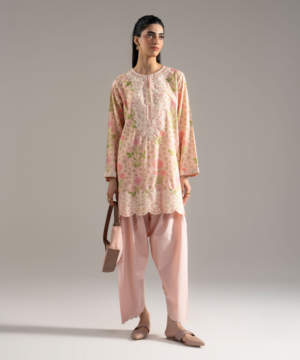 Women's RTW Cotton Viscose Printed Embroidered Pink 2 Piece Suit