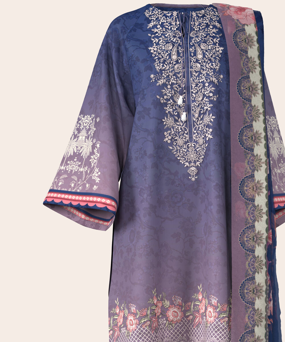 Women's Unstitched Lawn Blue and Mauve  Embroidered 3 Piece Suit