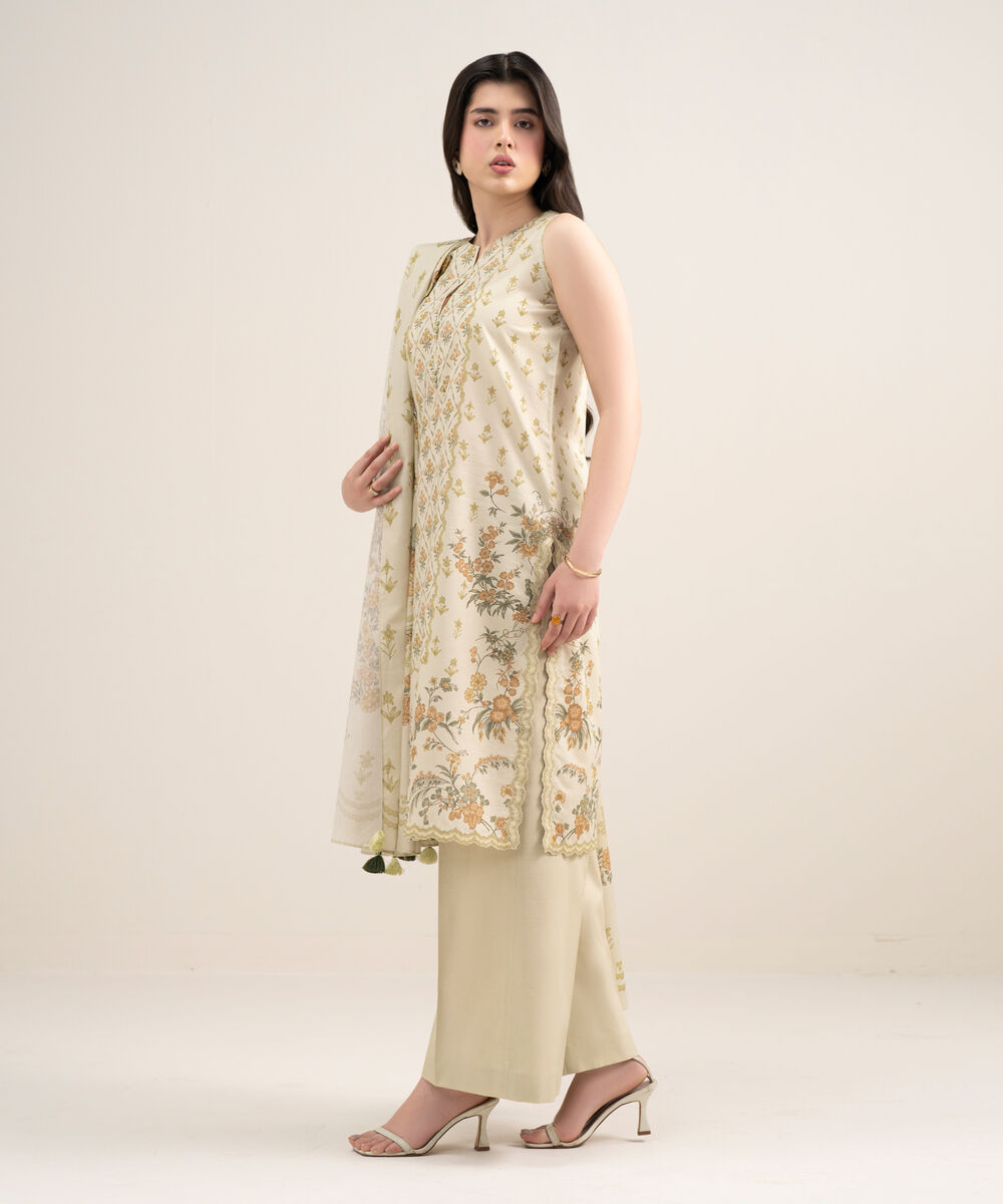 Women's Unstitched Zari Lawn Printed Beige 3 Piece Suit
