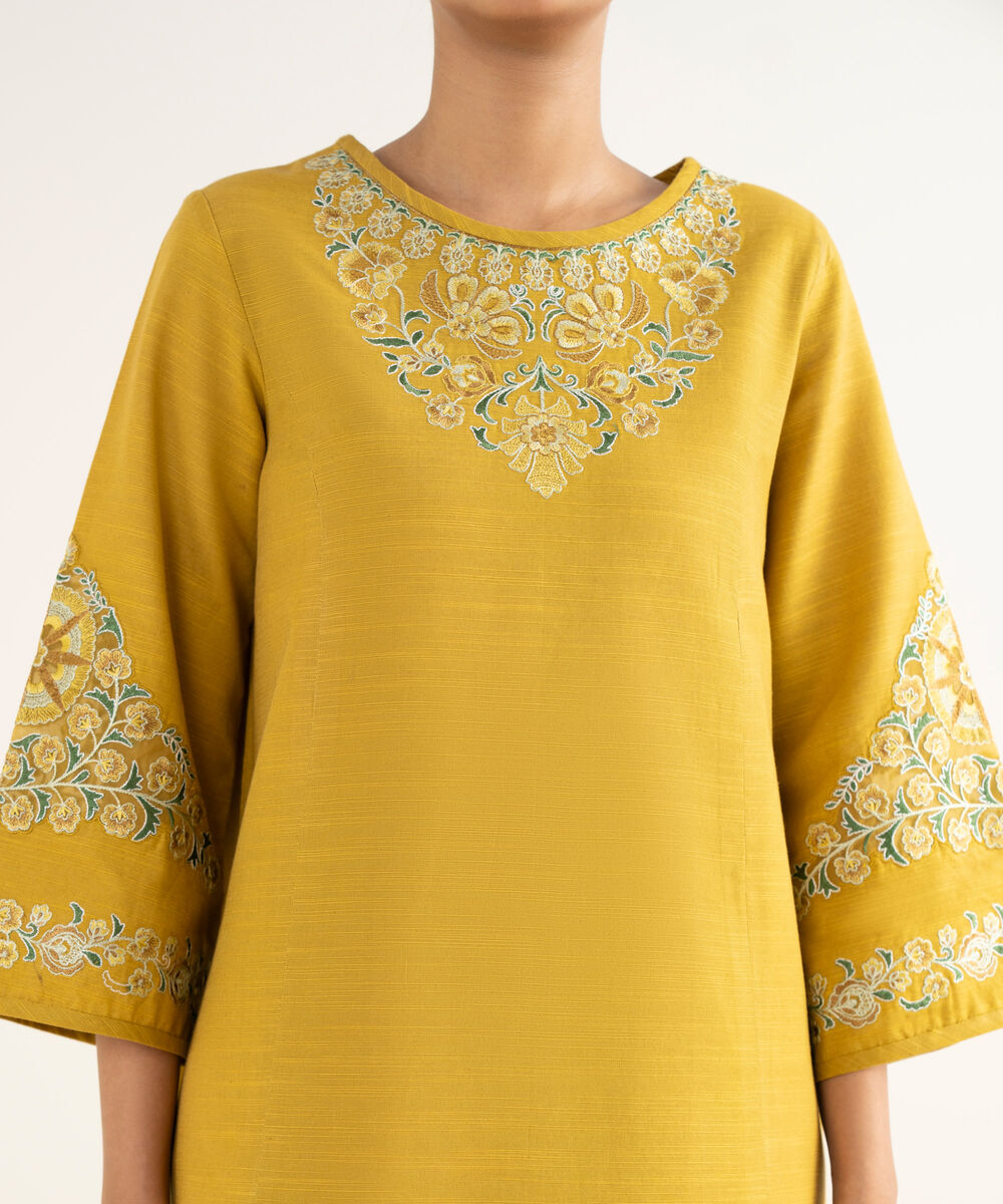 Women's Unstitched Khaddar Embroidered Yellow 3 Piece Suit