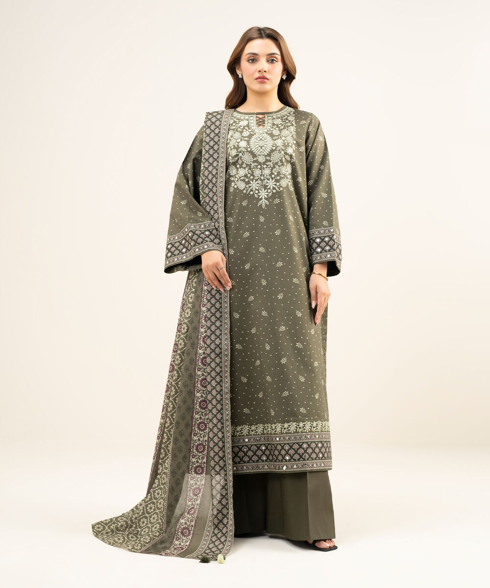 Women's Unstitched Lawn Embroidered Green 3 Piece Suit