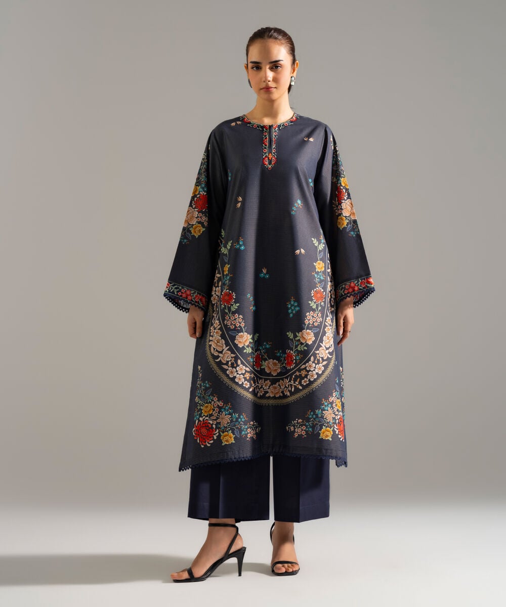 Women's RTW Zari Lawn Embroidered Blue Straight Shirt