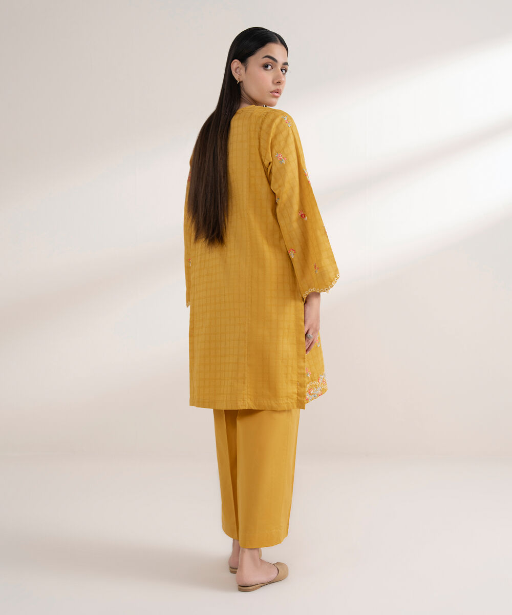 Women's RTW Textured Cotton Embroidered Straight Yellow Shirt