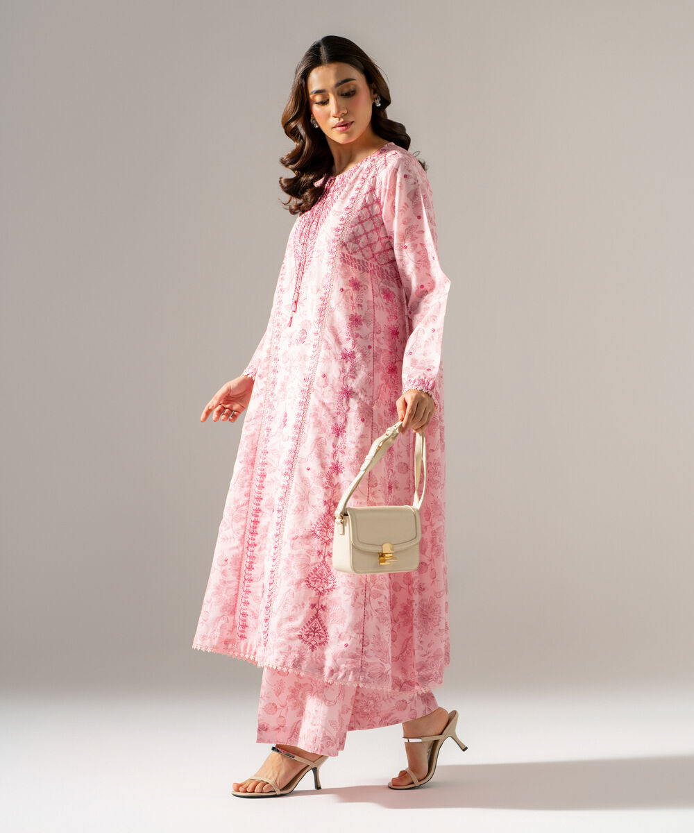 Women's RTW Fancy Cotton Printed Embroidered Pink 2 Piece Suit