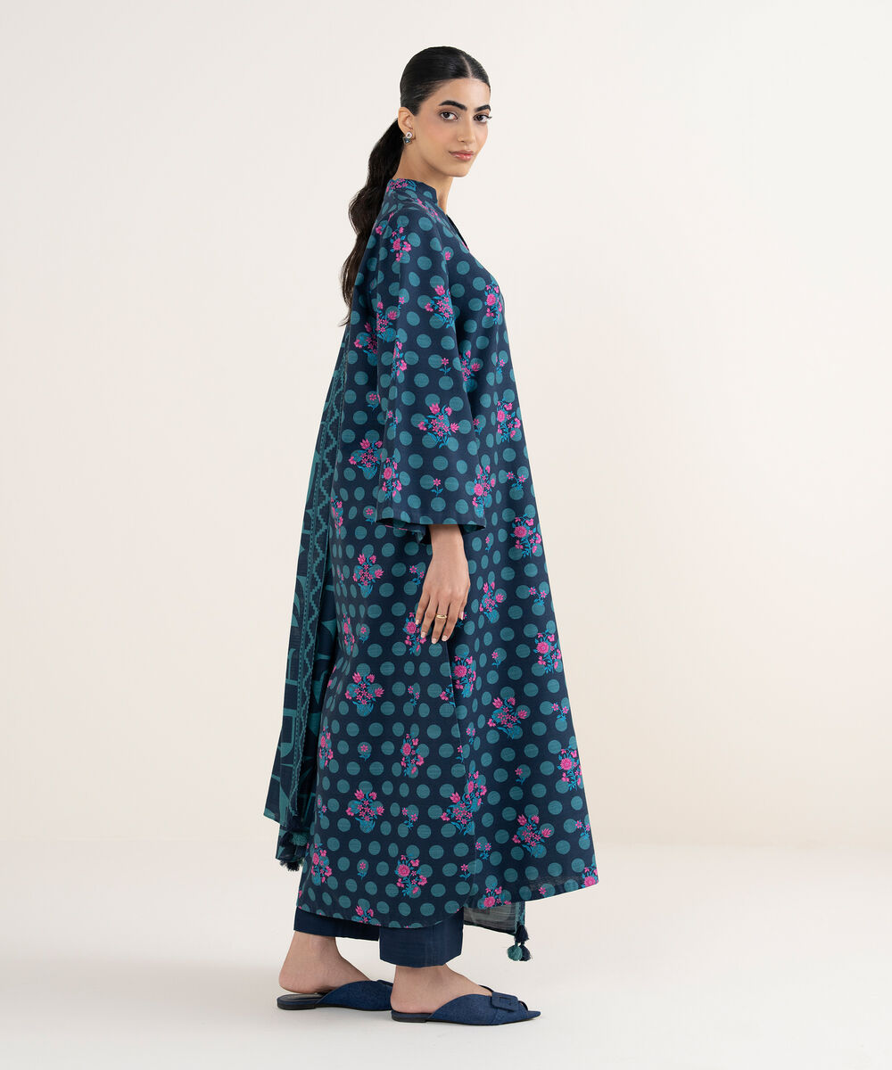 Women's Unstitched Printed Khaddar Mid Night Blue and Teal 3 Piece Suit