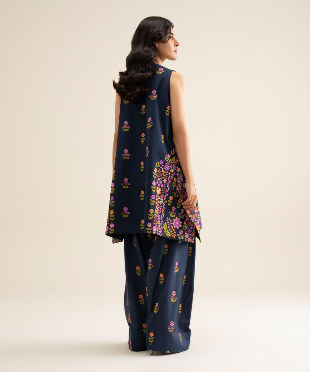 Women's Unstitched Cotton Printed Navy Blue 2 Piece Suit