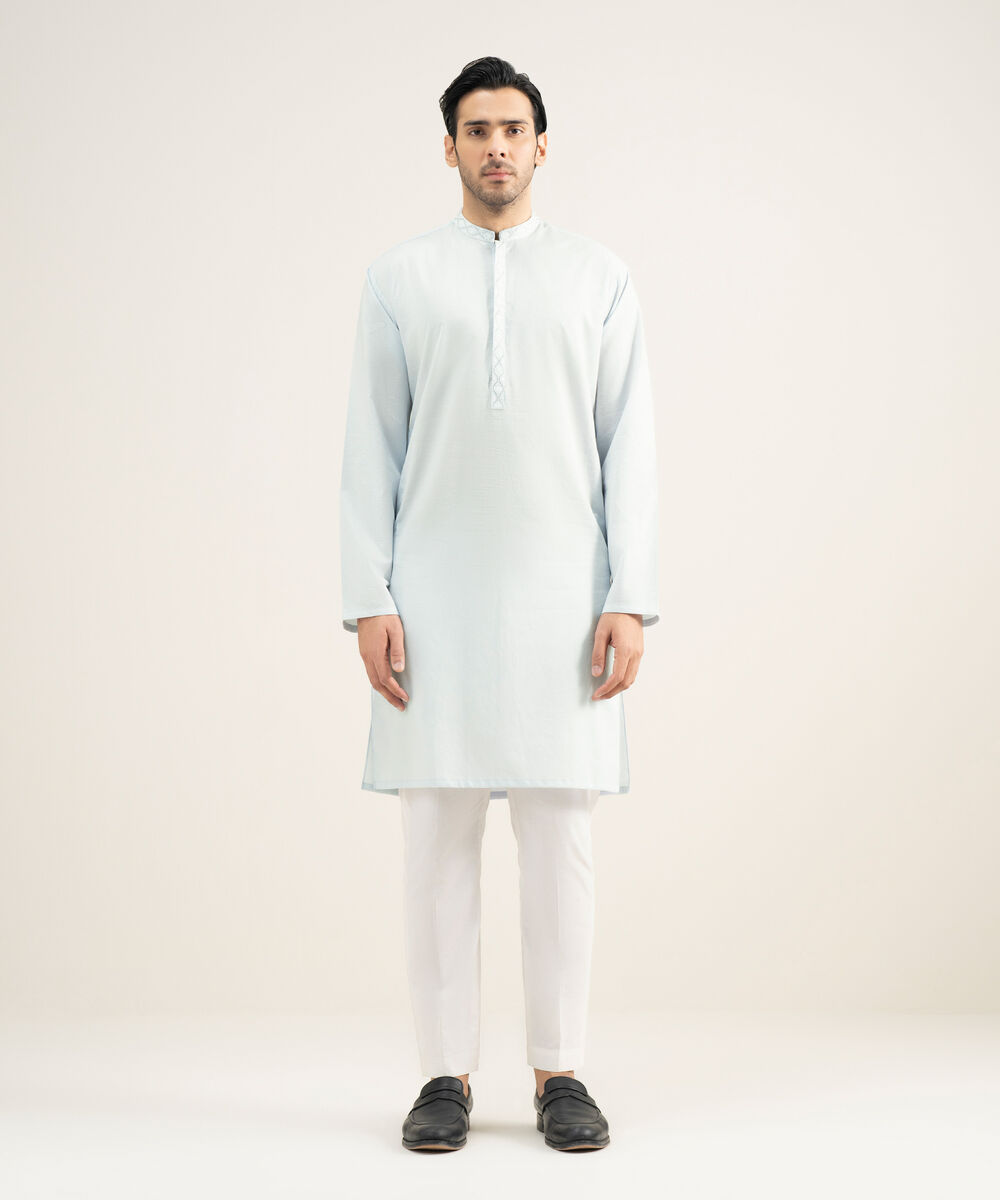 Men's Stitched Cotton Dobby Sky Blue Kurta