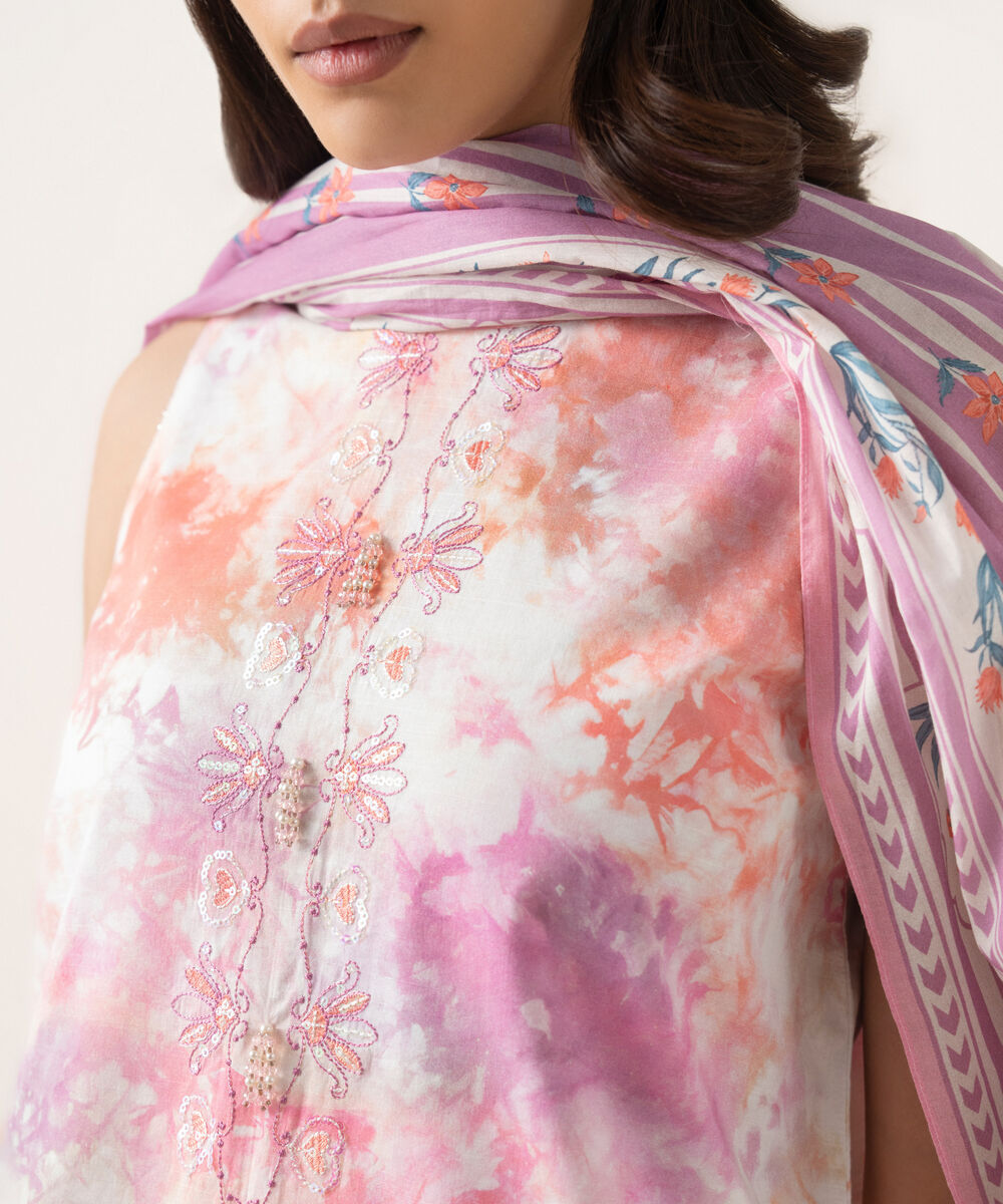 Women's Unstitched Textured Lawn Embroidered Pink 3 Piece Suit