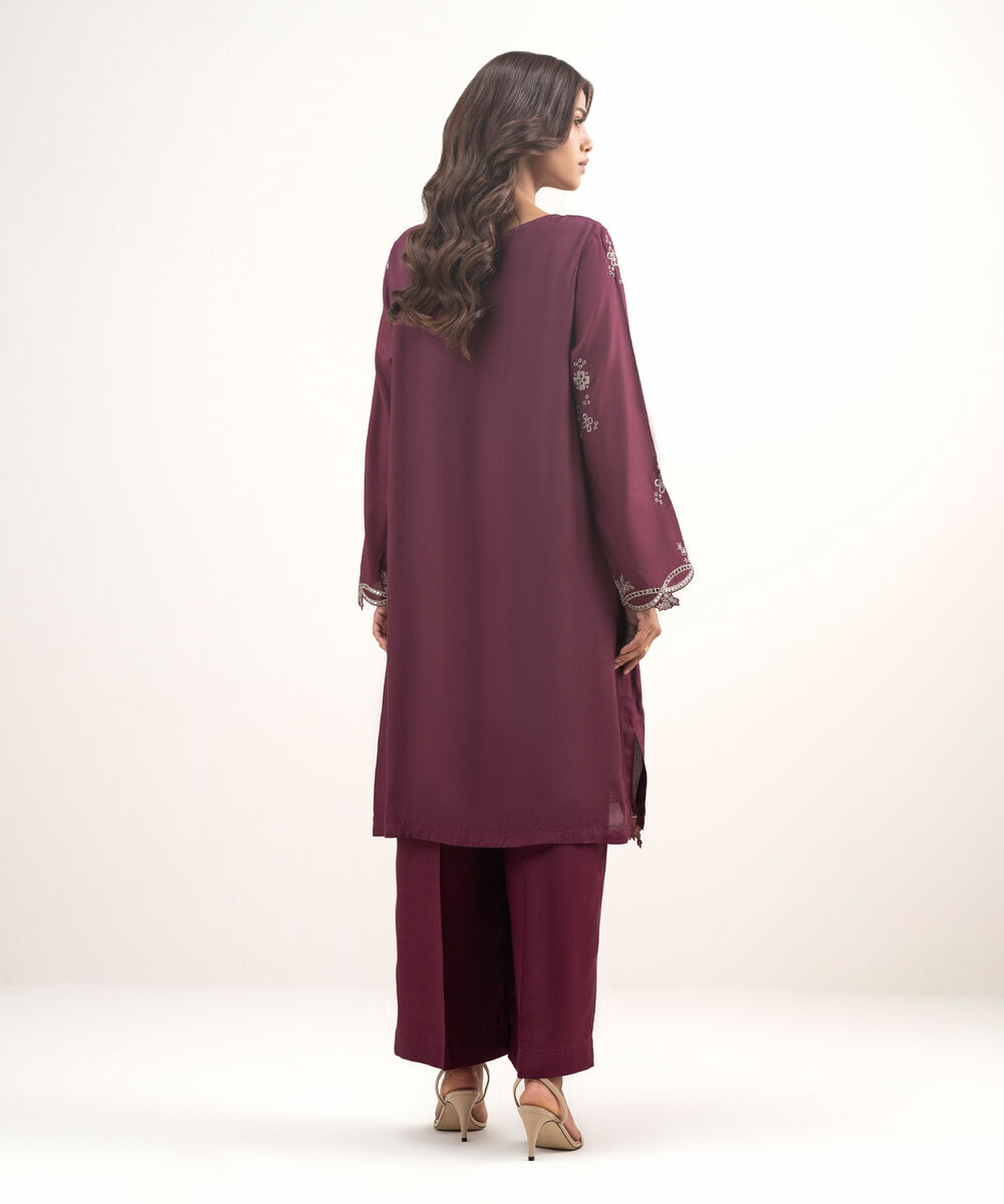 Women's RTW Viscose Raw Silk Embroidered Purple 2 Piece Suit