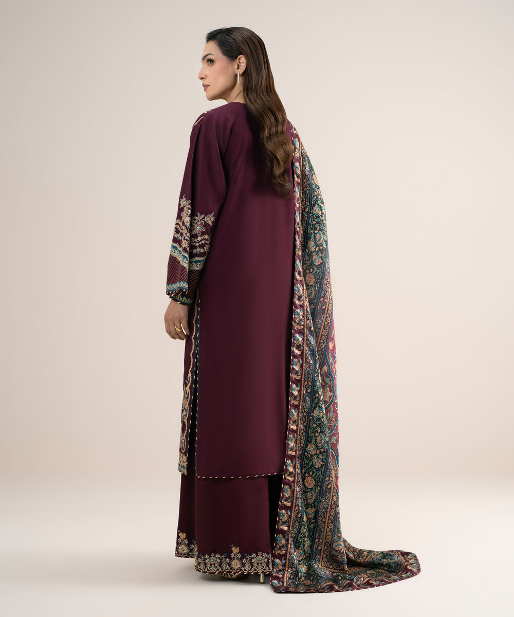 Women's Unstitched Embroidered Blended Raw Silk Maroon 3 Piece Suit