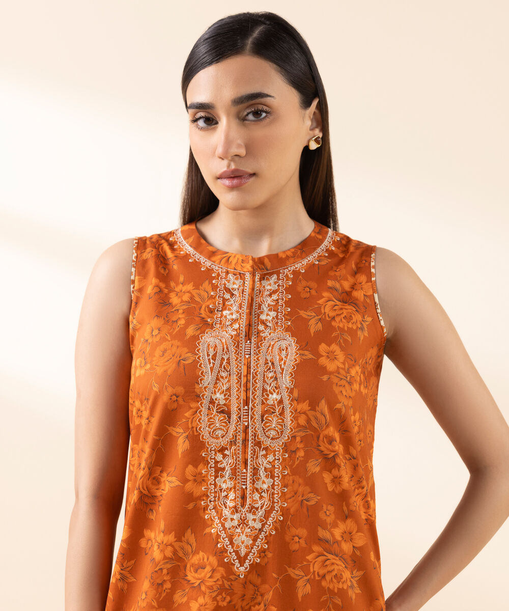 Women's Unstitched Lawn Embroidered Orange 2 Piece Suit
