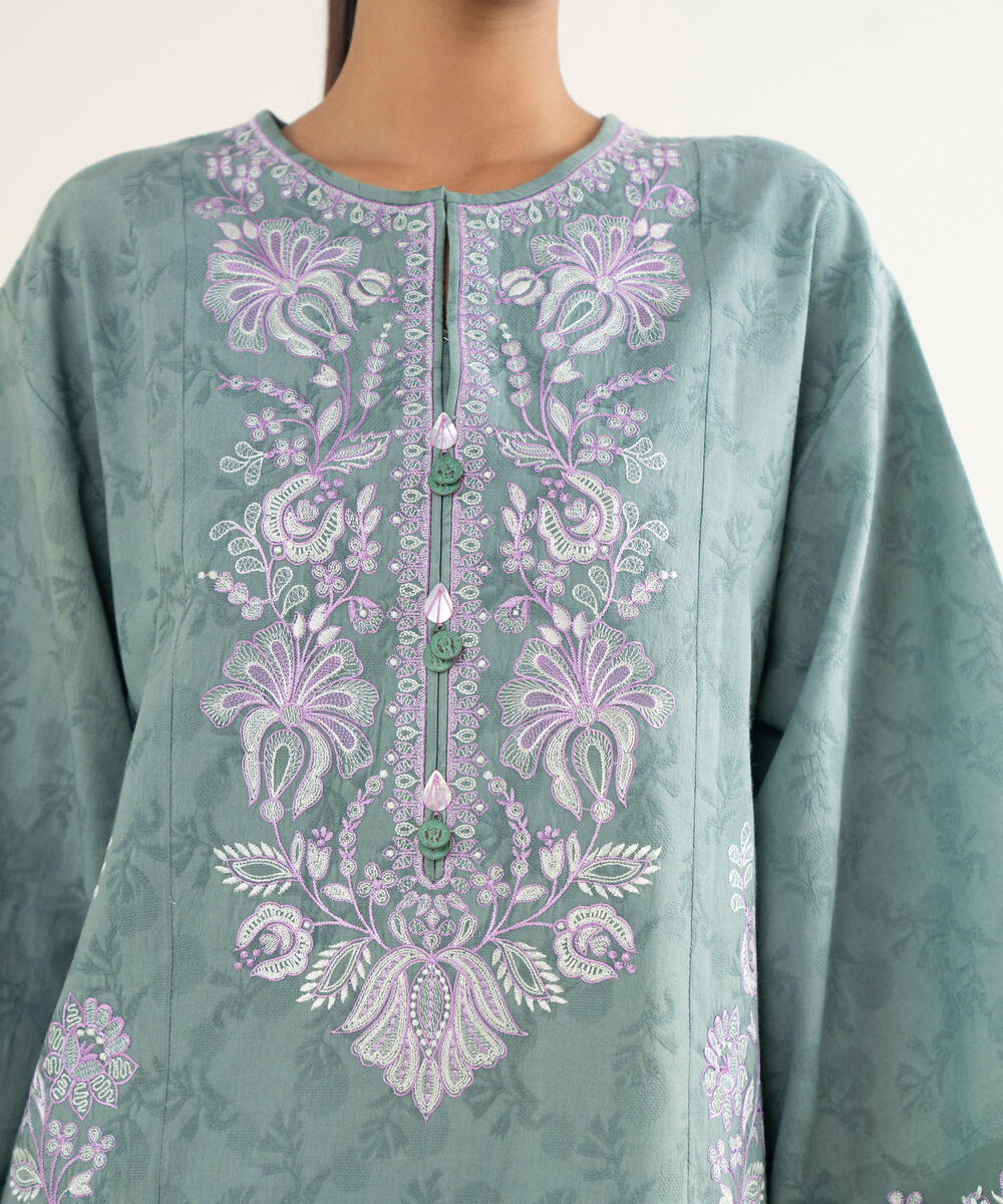 Women's Unstitched Cotton Jacquard Embroidered Green 3 Piece Suit