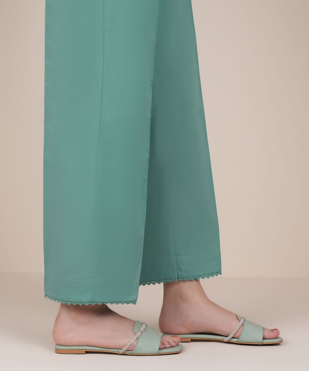 Women's RTW Cambric Blue Solid Straight Pants