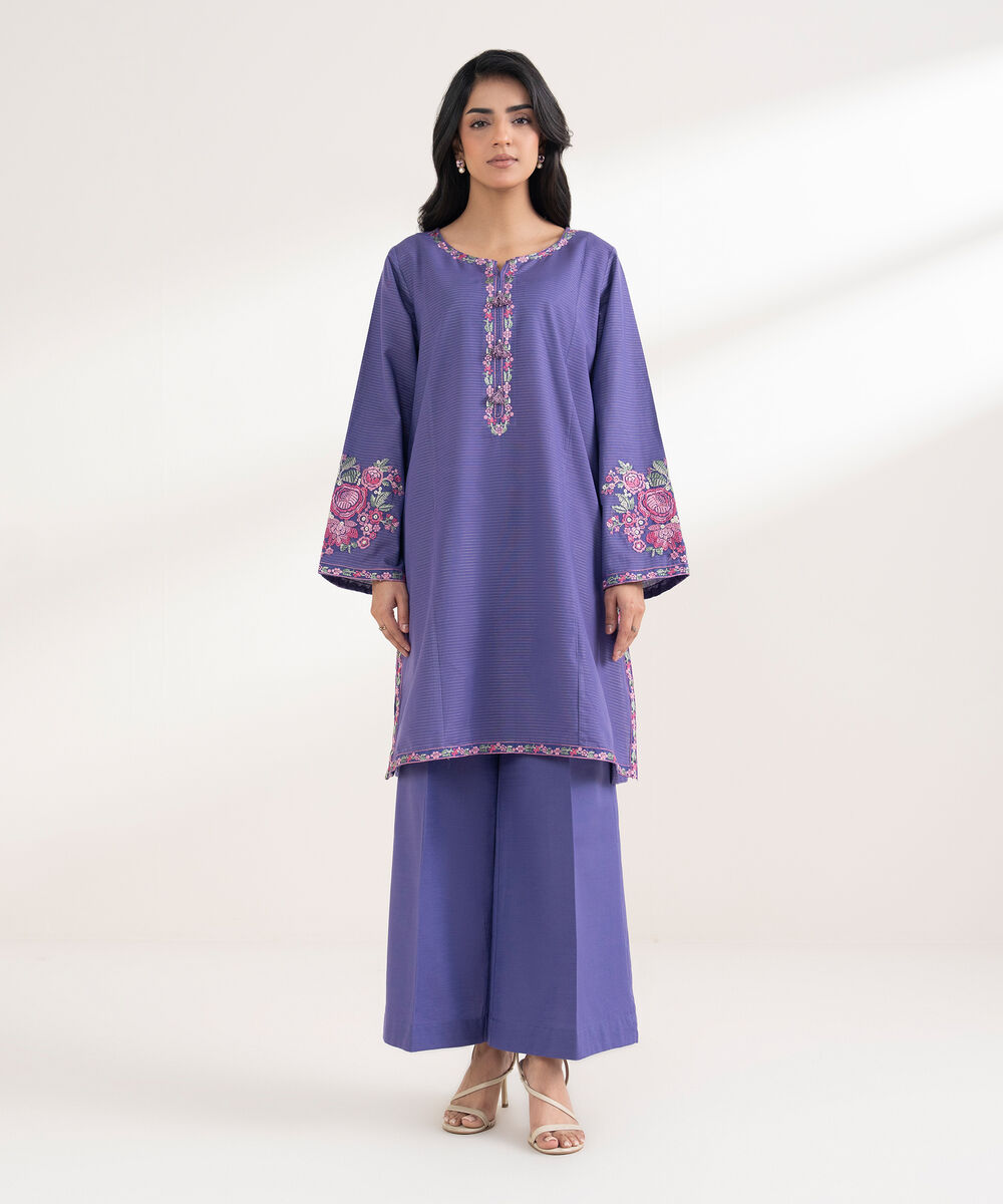 Women's RTW Light Khaddar Embroidered Purple Straight Shirt